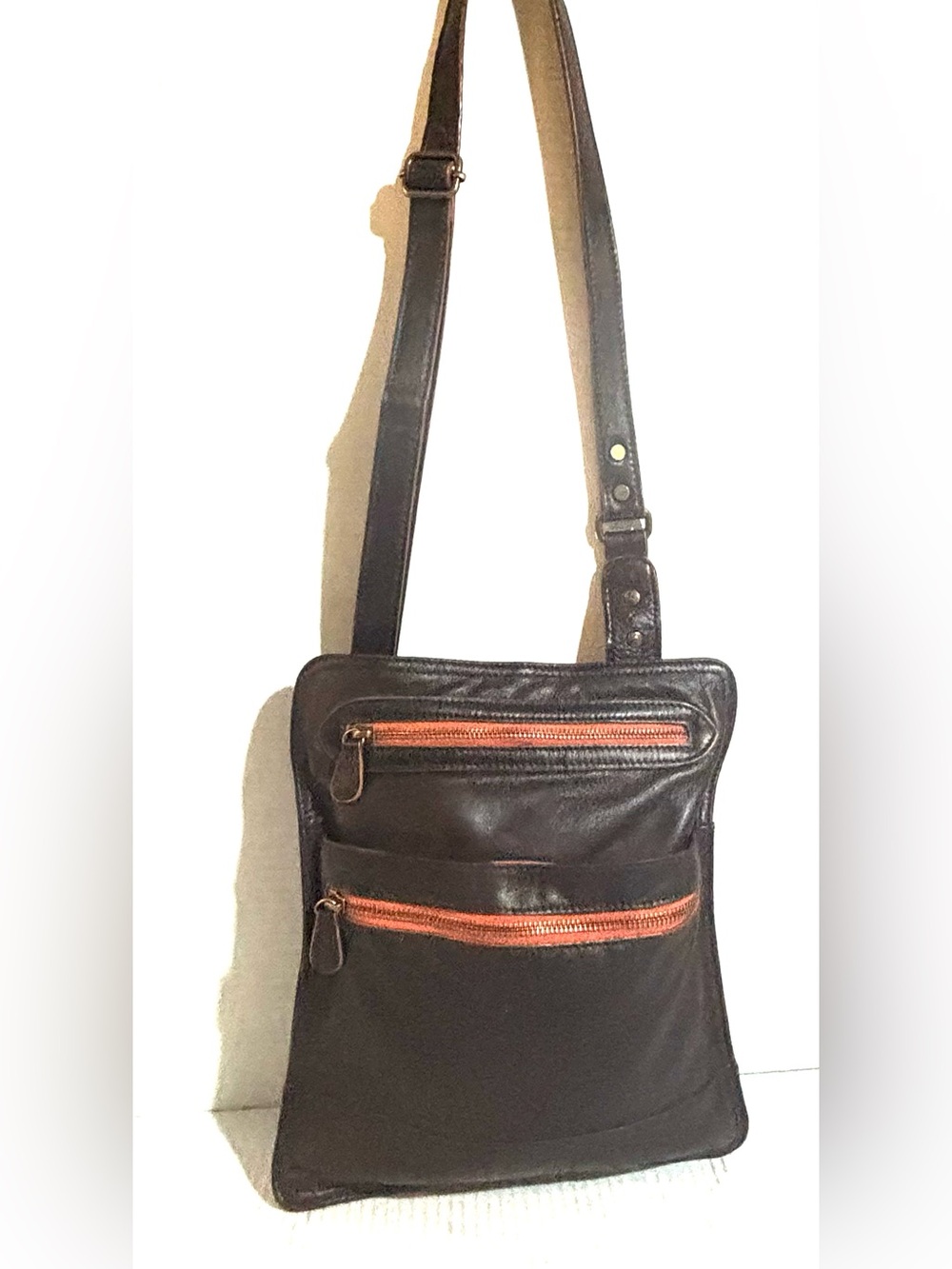 Leather Crossbody Bag with Orange Zippers - Men